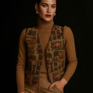 WOOLRICH Vintage Tapestry Vest XL Farmhouse Country Scene Cotton Black Back